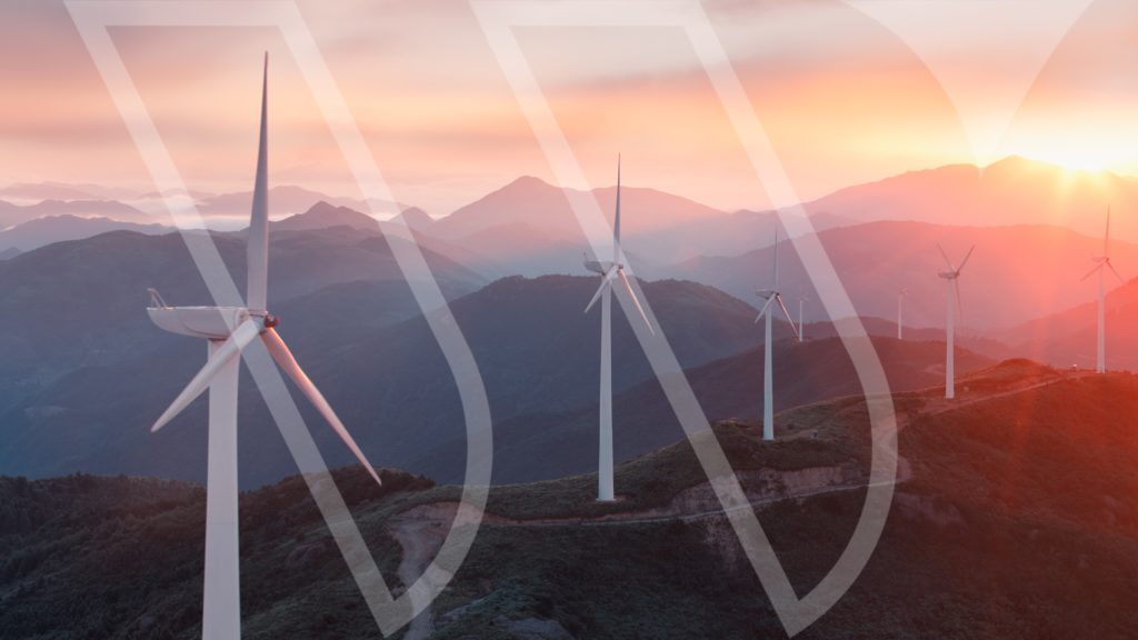 Wind turbines on a mountain ridge at sunset with a large translucent Webber-style logo overlay